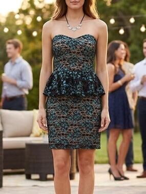 O'-Sher Strapless Lace Peplum Dress Black Blue Size Medium Party Cocktail